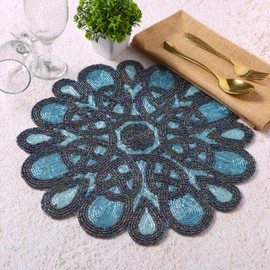 Alpha Living Home Handmade Round Beaded Snowflake Placemat for Dining Table - Measure 13 inches for Gathering, Occasional Decoration and Family Parties Celebrations Placemats - Deep Denim