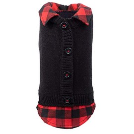 The Worthy Dog Plaid Layered-Look Two-fer Pet Pullover Cardigan Sweater, Warm Knitwear Winter Clothes for Pets, Cold Weather Outfits for Dogs, Black - Medium