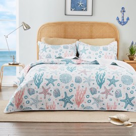 Love's Cabin King Size Quilt Bedding Set - Coastal Pink Bedspreads - Summer Beach Nautical Lightweight Reversible Bedding Coverlet for All Season - 3 Piece (1 Quilt, 2 Pillow Shams)
