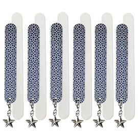 Set of 12 Dual-Sided Nail File Emery Boards: 6 Medium/Coarse Grit 5” Star Charm & 6 Cushioned Foam 6.5” Manicure Pedicure Filing Smoothing TSA Travel Approved Fashionable Geometric Blue & White