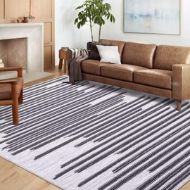 GAOMON Area Rug 9X12 Modern Berber Stripe Indoor Farmhouse Area-Rug Low Pile Non Slip Throw Rug Machine Washable Rug Stain-Resistant Carpet for Bedroom Living Room, Cream/Black