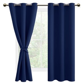 DWCN Blackout Curtains for Bedroom with Tiebacks - Room Darkening Privacy Grommet Top Window Curtains for Living Room, 42 x 63 inch Length,Dark Blue,Set of 2 Panels