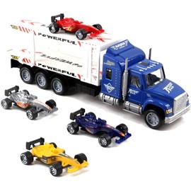 Vokodo Friction Powered Toy Semi Truck Trailer 14.5" With Four Formula 1 Race Cars Kids Push And Go Big Rig Carrier 1:32 Scale Auto Transporter Semi-Truck Play Vehicle Great Gift For Children Boy Girl