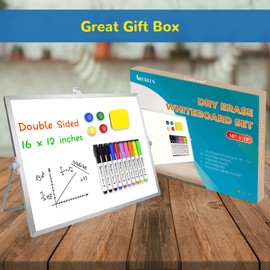 ABERLLS Dry Erase White Board, 16inX12in Large Magnetic Desktop Whiteboard with Stand, 10 Markers, 4 Magnets, 1 Eraser, Portable Double-Sided White Board Easel for Memo to Do List Desk Office