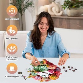 Reouinty Wooden Puzzles for Adults 500 Piece, Colorful Succulent Puzzle for Mom, Challenging Puzzle, Luxurious Shaped Wooden Puzzles for Family Game 16.7 * 16.3in