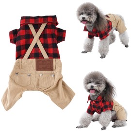 Christmas Dog Costume Red Plaid Shirt Khaki Dog Overalls Pants Jumpsuit Outfits Cool Pet Clothes for Small Dogs Cats Boy Girl, Jeans Overalls Onesies Pjs Apparel Christmas Costume Birthday Party Dress