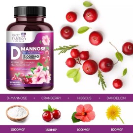 Health Nutrition Naturals D-Mannose 180 Capsules 1350mg & Cranberry, UTI Support, Cleanse, Bladder Health