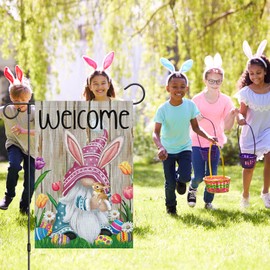 Welcome Easter Gnome Garden Flag 12x18 Double Sided Burlap, Funny Bunny Floral Small Yard Flag Easter Egg Banner for Easter Holiday Farmhouse Yard Outdoor Decor(ONLY FLAG)
