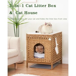SETVSON Cat Litter Box Enclosure Hidden Litter Box Furniture with Metal Heightened Feet, Rattan Handwoven Cat House with Litter Mat, Hidden Litter Box Furniture for Bedroom Living Room Natural