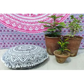 INDIAN CRAFT CASTLE 24" Grey Ombre Mandala Barmeri Large Floor Pillow Cover Cushion Meditation Seating Ottoman Throw Cover Hippie Decorative Zipped Bohemian Pouf Ottoman Pom Pom Cases 24" Round