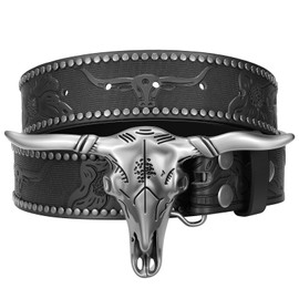 WOWOGO Cowboy Western Belt for Men Women, Cowgirl Country Floral Engraved Leather Belts with Longhorn Bull Skull Buckle