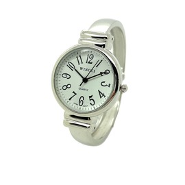 Ladies Metal Bangle Cuff Watch Round Case White Dial Wincci (Silver)