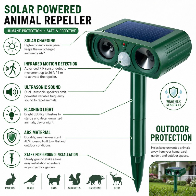 Solar Animal Repeller for Outdoor Use – Ultrasonic Motion Sensor
