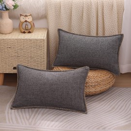 decorUhome Set of 2 Linen Cushion Covers 30X50cm,Decorative Outdoor Plain Vintage Cushion Covers with Stitched Edges, Rectangle Farmhouse Neutral Pillow case 12x20 Inch for Sofa, Dark Grey