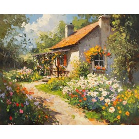 Cottage with a flower garden oil painting 8x10 Print