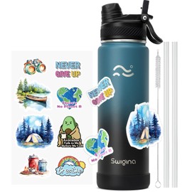 Swigina [2-IN-1 LID] Insulated Water Bottle with Silicone Boot (36hrs Cold/18hrs Hot) - DIY Stickers, Leakproof, BPA Free, 24 oz