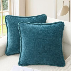 CaliTime Decorative Couch Throw Pillow Covers 16 X 16 Inches Pack of 2 Cozy Chenille Piping Edge Cushion Cases for Sofa Bed Living Room Home Ocean Blue