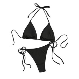 GORGLITTER Women's Bikini Sets Halterneck Triangle Bikini Top Thong High Waist 2-Piece Swimwear Two Piece Swimsuits with Decor, black