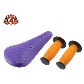ALTA Purple Diamond Saddle & Orange/Black Mushroom Grips BMX BIKES.