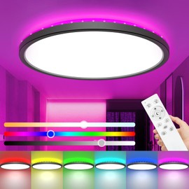 zemty LED Ceiling Light, Dimmable, 24 W, 3200 lm, RGB Colour Changing with Remote Control, 3000 K - 6500 K, Waterproof, Flat Bathroom Lamp, for Bathroom, Children's Room, Bedroom, Living Room