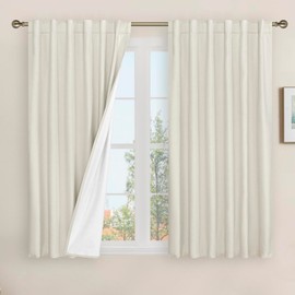LAMIT Linen Full Blackout Window Curtains for Bedroom, 54 Inches Thermal Farmhouse Curtains Back Tab and Rod Pocket Privacy Protected Burlap Panels with White Liner, 2 Panels, 52 x 54 Inch, Ivory