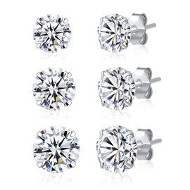 3 Pairs 925 Sterling Silver Cubic Zirconia Stud Earrings 4mm-5mm-6mm Set Men Women