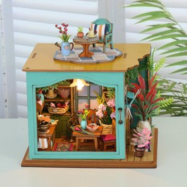 DIY Miniature Dollhouse Kit Wooden Dolls House with LED Creative Room Mini House Building Kit for Birthday Gift (Borrowing Kitchen)