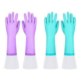 Reusable Long Dishwashing Cleaning Gloves with Latex Free, Long Cuff,Cotton Lining,Kitchen Gloves 2 Pairs(Purple+Blue,Medium)