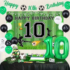 Sursurprise 10th Football Birthday Decorations Green and White for Boys, Soccer Happy 10th Birthday Banner Backdrop, Go Team Number 10 Foil Balloons, Football Fans Tenth Birthday Party Supplies Age 10