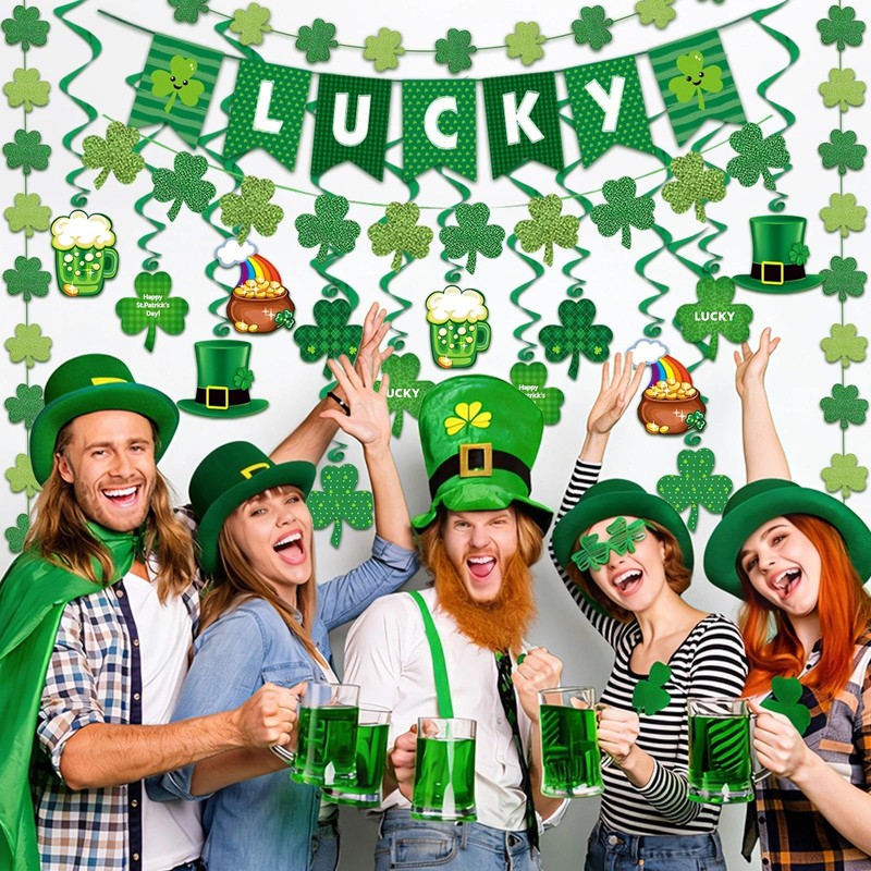 Zonlianxin St Patricks Day Decorations Pre-Assembled Shamrock Lucky Banner Garlands