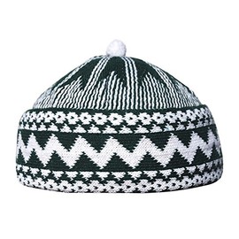 Kids Size - Dark Green Zigzag Design Muslim Beanie Kufi Hat Crown w/White Ball