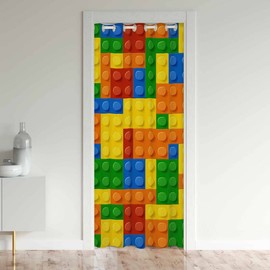 Games Door Curtain for Doorway Privacy, Building Blocks Toy Brick Sliding Closet Door Curtains Insulated Thermal Privacy Curtain Cover for Room Divider, 30%-50% Blackout Curtain, 1 Panel, W34 X L80