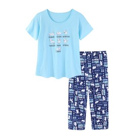 CHUNG Women Cotton Blend Pyjamas Set Short Sleeve Top Capri Pants Plus Size S-3XL Sleepwear Nighties,Capri Navy Cat,2XL