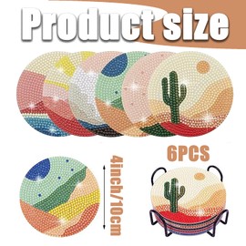 6pcs Diamond Coasters Art Painting Kit, Abstract Landscape Plant Art Diamond Round Coasters with Holder, Diy Craft Kits for Adults Kids Beginners