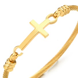 COOLSTEELANDBEYOND Stainless Steel Horizontal Sideway Lateral Cross Twisted Cable Bangle Bracelet for Women, Gold Color