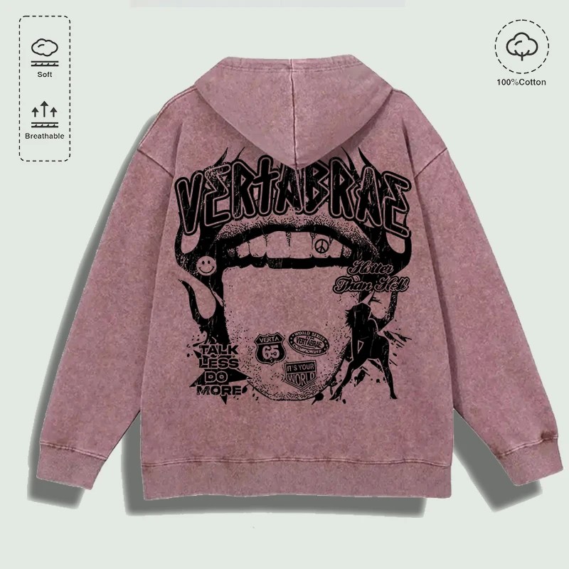 100% Cotton Washed "Vertabrae Edgy Graphic Collage" Hoodie, Multi -