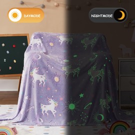 Wink Deer Glow in The Dark Kids Throw Blanket, Purple Unicorn Throw Blanket for Girls Kids Daughters Soft Warm Cozy Cute Unicorn Blanket Bedroom Decor(Purple, 60"x80")