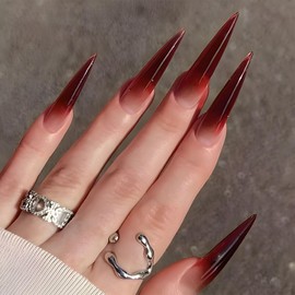 IMRAIN Press on Nails Long Stiletto Fake Nails Red Gradient French False Nails Tips Glossy Glue on Nails Full Cover Wine Red Acrylic Stick on Nails Gel Goth Ombre Nails Kit for Women 24Pcs