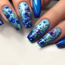 MIXFOSAHN Flower Press on Nails Medium Coffin Fake Nails Blue Purple False Nails with Elegant Tulip Designs Glossy Stick on Nails Glue on Nails Flower Nails Acrylic Nails for Women Girls 24 Pcs