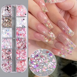 12 Grids Holographic Heart Nail Art Glitters Sequins Mixed Star Fragment Nail Sequins Hexagon Sparkles Stars Design Laser Nail Flakes Glitters Accessories for Women Manicure DIY Nail Art Decorations