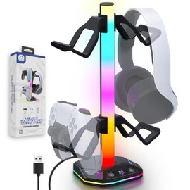 auvstar RGB Headset Holder, Gaming Headphone Stand, 10 Lighting Modes, USB Type-C Data Transfer and Device Connection Charging, Suitable for All Headset Game Controllers (Black)