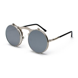 qinqilanqi-S Retro Metal Steampunk Flip-Up Sunglasses for Men and Women, Round Frame Sunglasses for Fashion, Silver frame white reflected