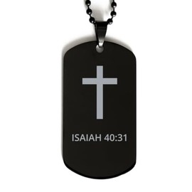 DARIN GIFT Bible Verse Black Dog Tag, Isaiah 40:31 Motivational Inspirational Gifts Cross Faith Engraved Stainless Steel Chain Necklace For Men Women Kids