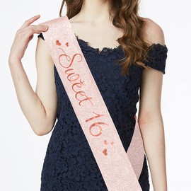 Sweet 16 Sash & Rhinestone Headband Set - Rose Gold Glitter Birthday Sash 16th Birthday Gifts Birthday Party Supplies