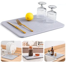 WALL QMER Super Absorbent Stone Drying Mat for Kitchen Counter, Fast-Drying Diatomaceous Earth Dish Drying Mats, Versatile Stone Drying Tray for Cups Dishes Bottles, Light Gray