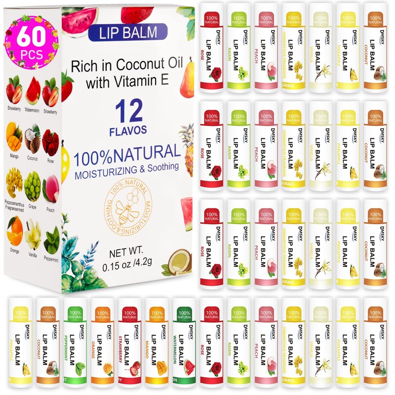 DMSKY 60 Pack Lip Balm, Natural Lip Balm Bulk with