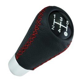 Temzzer Gear Shift Knob 5 Speed Leather Car Shifter Handle for Most Manual Automatic Vehicles (Red Stitches)