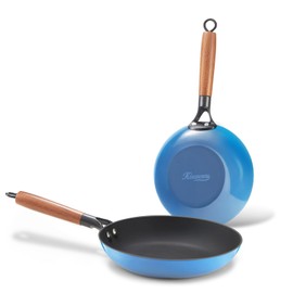 KITESSENSU Enameled Cast Iron Skillets - Non Stick Frying Pans Set with Durable Wooden Handle - 10&12 Inch Titanium Cast Iron Pans for Multi-Cooking - Pre Seasoned Cookware Set - Gradual Cobalt Blue