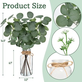 Bessol Artificial Eucalyptus Stems in Glass Vase 14" 6Pcs Faux Eucalyptus Branches Home Table Decor Fake Greenery Plants Stems for Farmhouse Wedding Centerpiece Bathroom Decorations