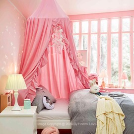 Hommi Lovvi Kids Bed Canopy, Dreamy Frills Canopy for Girls Bedroom Soft Ceiling Hanging Decoration Princess Canopy Net Reading Nook, Extra Large Full Size Bed Canopies with Light - Pink